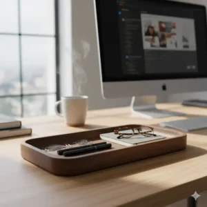Desk organization setup featuring a valet tray, showing how a catch all tray man keeps his workspace tidy.