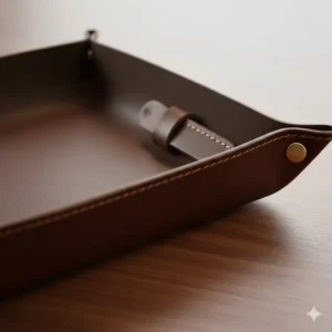 Detailed shot focusing on the premium quality and durable stitching of the material, highlighting the craftsmanship of the mens catch all tray.