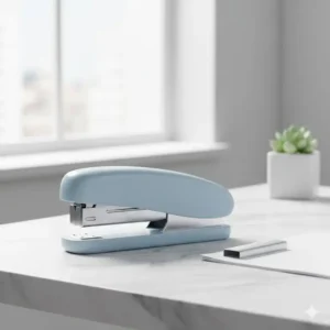 An aesthetic, minimalist light blue stapler with silver accents, perfect for adding a pop of color to your office desk.