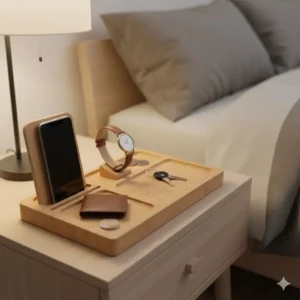 Eco-friendly bamboo bedside nightstand valet tray with a smooth finish, ideal for keeping essentials tidy.