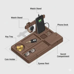 Diagram showing various compartments of a bedside valet for rings, wallets, and keys.