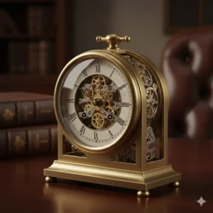 A vintage-style mechanical brass desk clock with exposed gears, providing a unique aesthetic as part of the luxury desk accessories for men collection.