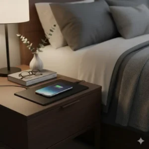 Illustration 3: A sleek black leather charging pad placed on a nightstand for a luxury bedroom aesthetic.