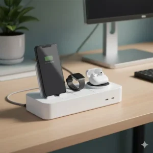 Illustration 3: A multi-device charging station acting as a central phone charger desk hub for a phone, watch, and earbuds.