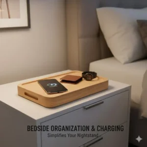 A minimalist bedside nightstand setup featuring a leather wireless charging tray for daily essentials.