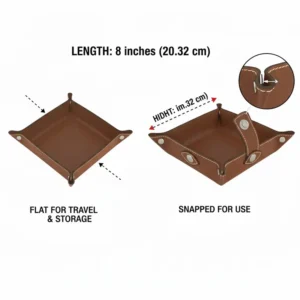 Demonstration of the functional snap corners on a travel-ready mens leather catchall tray.