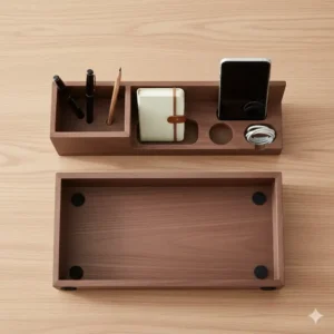 Two separate walnut desk organizer trays stacked neatly, demonstrating the product's modular and customizable design options.