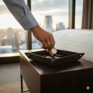 A hand reaching to retrieve a watch from the bedside catch all tray man relies on for daily readiness.