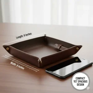 A practical image showing the size of the mens catch all tray next to a standard smartphone for scale, demonstrating its compact yet spacious design.