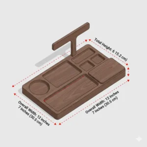 Digital illustration showing the height and width measurements of a compact bedside valet.