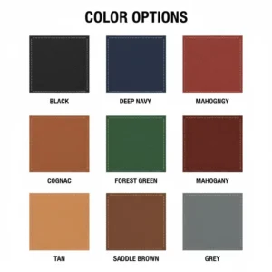 : A display of various leather color swatches available for the mens leather catchall tray.