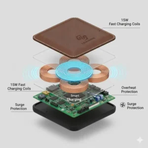 Illustration 4: Internal diagram of a leather charging pad highlighting the fast wireless charging copper coils.