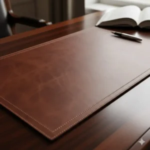 Wide view of a large, brown full-grain leather desk pad protecting a wooden surface, essential for luxury desk accessories for men.