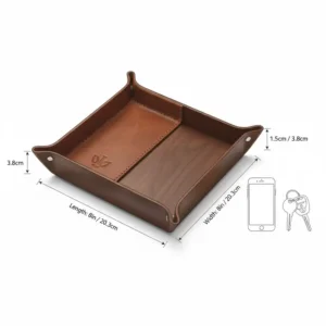 Simple graphic illustrating the size and dimensions of the square mens catch all to show how it fits on different surfaces.