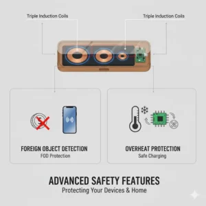 Visual icons representing overheat protection and foreign object detection of the wireless charging tray.