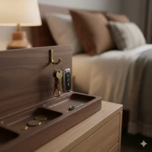 Detail shot of a sturdy metal hook on a wooden nightstand valet tray designed specifically for hanging keys and lanyards.