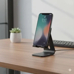 Illustration 4: An ergonomic vertical stand used as a phone charger desk solution for easy hands-free viewing.