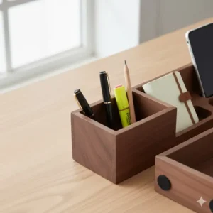 Detail view of the dedicated cylinder or slot in the walnut desk organizer, perfectly sized for holding pens, pencils, and highlighters.