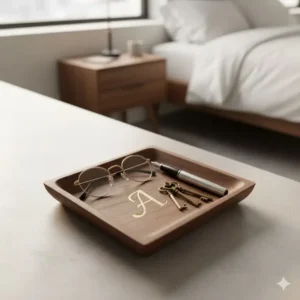 Small, personalized catch all tray man accessory with an engraved initial for unique organization.