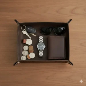 Overhead view of all the items a man might place in the tray—keys, loose change, sunglasses, and a watch—demonstrating the generous capacity of the mens catch all tray.