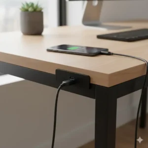 Illustration 5: A detailed conceptual drawing of a modern office desk with a built-in USB phone charger desk port.