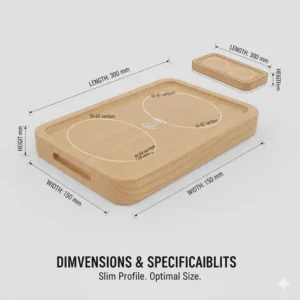 Technical drawing showing the exact length, width, and slim profile measurements of this wireless charging tray.