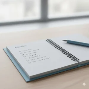An open spiral-bound notebook or planner with a light blue cover, showing a to-do list and a matching pen resting on the page.