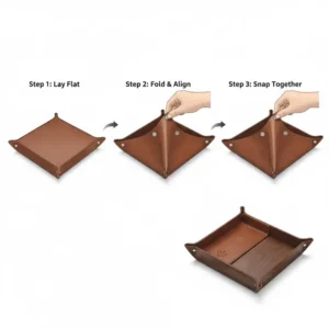 Step-by-step illustration demonstrating the easy snap-button assembly of a collapsible leather mens catch all tray.