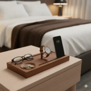 Complete setup of a men's nightstand valet organizer holding a watch, glasses, coins, and a phone.