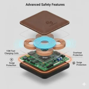 Technical illustration of the safety sensors inside a leather charging pad to prevent overheating.