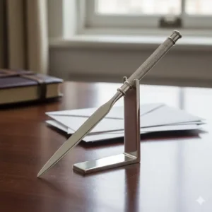 A detailed shot of a sleek, polished silver letter opener and stand, a refined and classic item of luxury desk accessories for men.