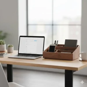 The compact walnut desk organizer positioned next to a 13-inch laptop to clearly illustrate its practical size and scale.