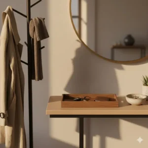 Entryway table showing a tidy setup with a key bowl and catch all tray man uses when he returns home.
