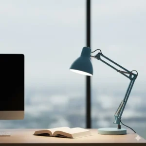An adjustable metal light blue desk lamp positioned over a workspace, providing warm, focused light for reading or working late.