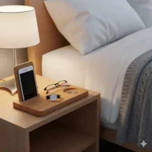 A small, compact nightstand valet that fits easily on a narrow bedside table without taking up too much space.