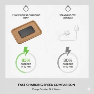 Charging speed chart comparing a standard charger versus this 15W fast wireless charging tray.