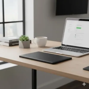 A professional workplace setup featuring a minimalist leather charging pad next to a laptop.