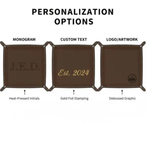 Example of custom initials engraved on a personalized mens leather catchall tray.