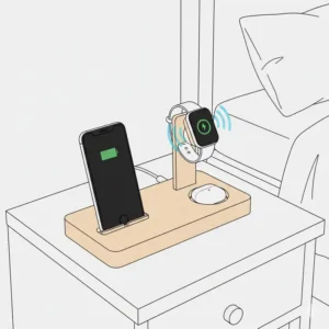 Close-up of a smartwatch mount on high-quality charging stations for nightstands.