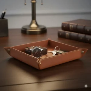A structured leather valet tray holding keys and a watch, keeping an organized executive space, considered as luxury desk accessories for men.