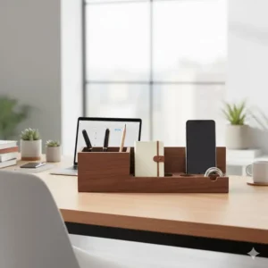 The walnut desk organizer helping to declutter a stylish home office setup, bringing warmth and efficiency to the workspace.