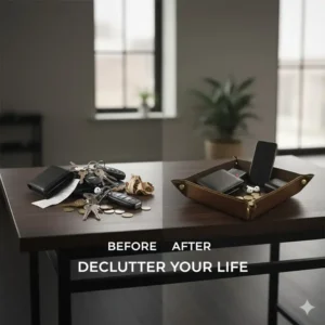 Visual comparison of an organized catch all tray man uses versus a messy pile of pocket items.