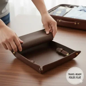 Image of the mens catch all tray disassembled and flattened, highlighting its portable and collapsible design for easy travel and packing.