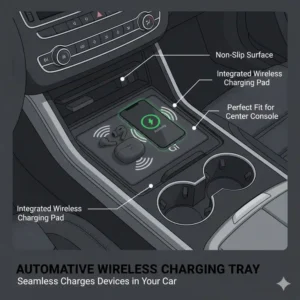 Illustration of a custom-fit non-slip wireless charging tray integrated into a car center console.
