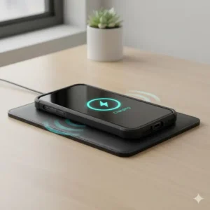 A smartphone with a protective case charging perfectly on a slim leather charging pad.