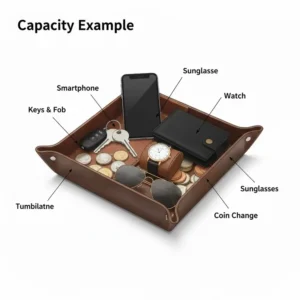 Simple diagram illustrating the ample interior capacity of the mens catch all, showing space for a phone, watch, keys, and coin change.