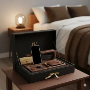 Premium gift box packaging for a stylish and elegant nightstand valet, ready to be presented as a thoughtful gift.