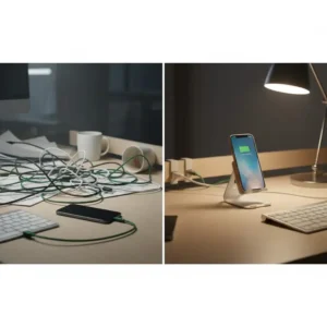 Illustration 7: A comparison illustration showing a tidy and efficient phone charger desk layout versus a cluttered workspace.