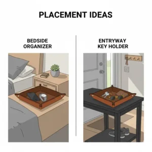 Comparison of a mens leather catchall tray used in an entryway versus a bedside table.