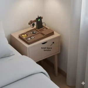 Illustration of a bedside valet fitting perfectly on a narrow apartment-style nightstand.